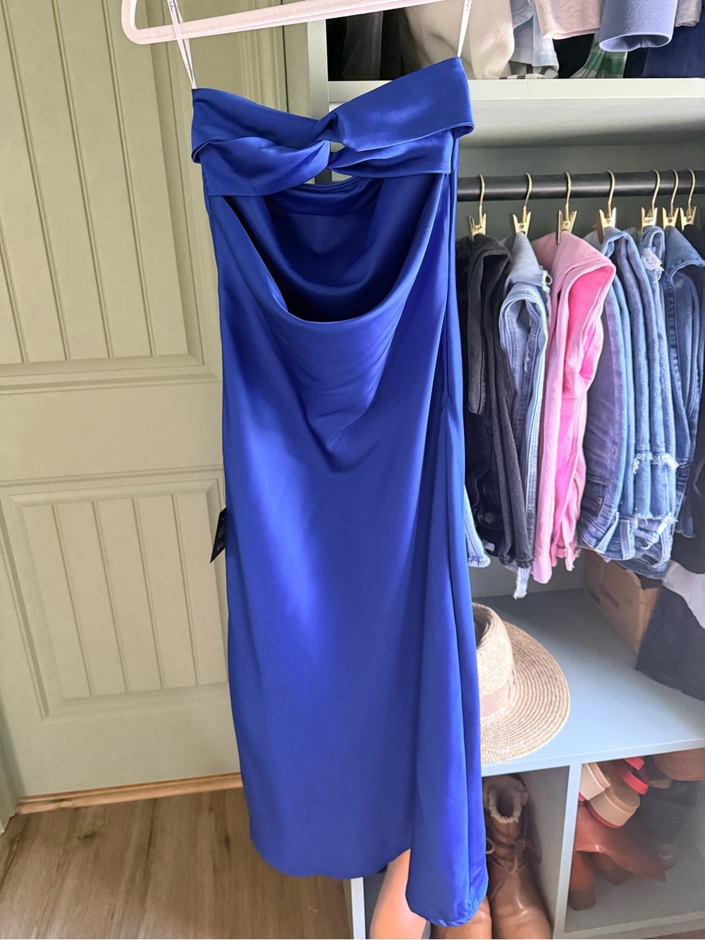 Lulus Effortless Bliss Royal Blue Satin Strapless Cowl Back Midi Dress - Picture 5 of 8